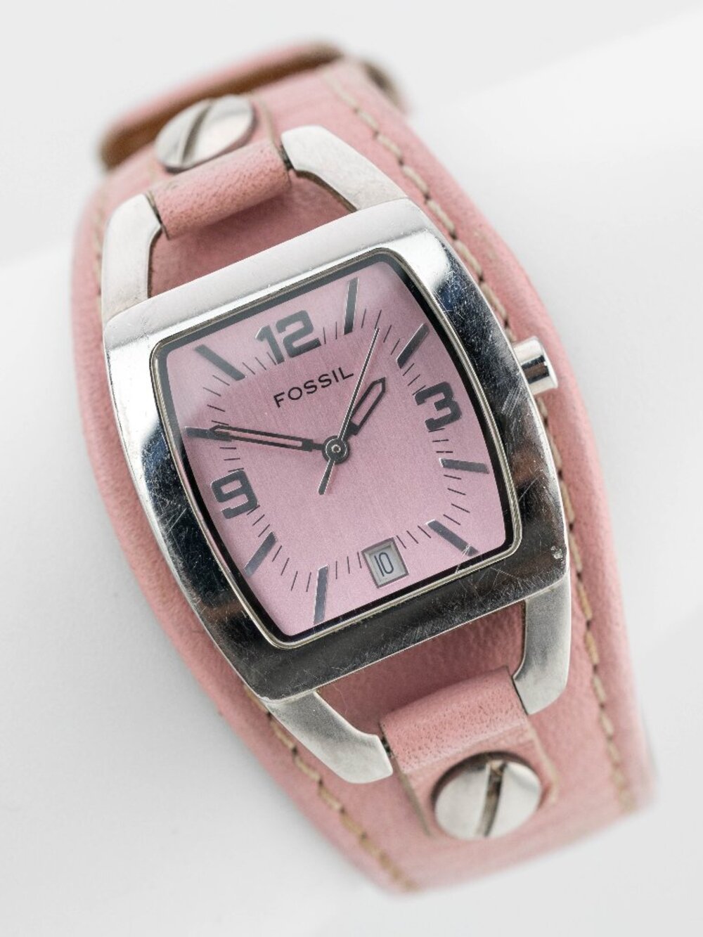 Fossil Pink Dial Leather Cuff Band Quartz Analog Women's Watch New Battery